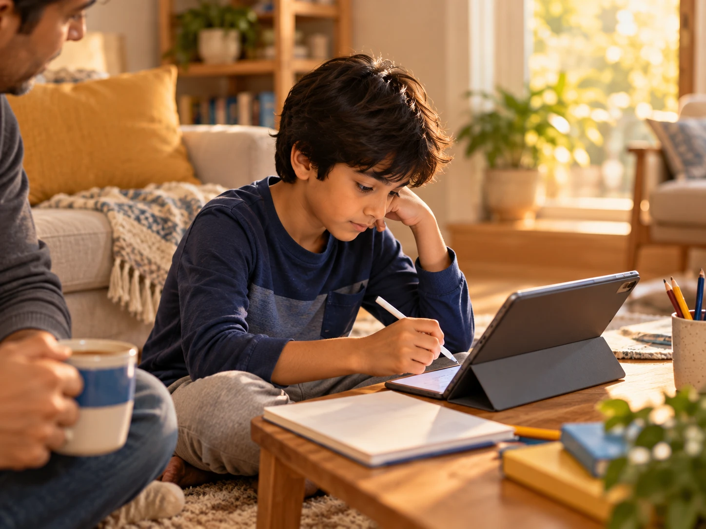 A boy working through a math question on a tablet at home, a parent nearby
