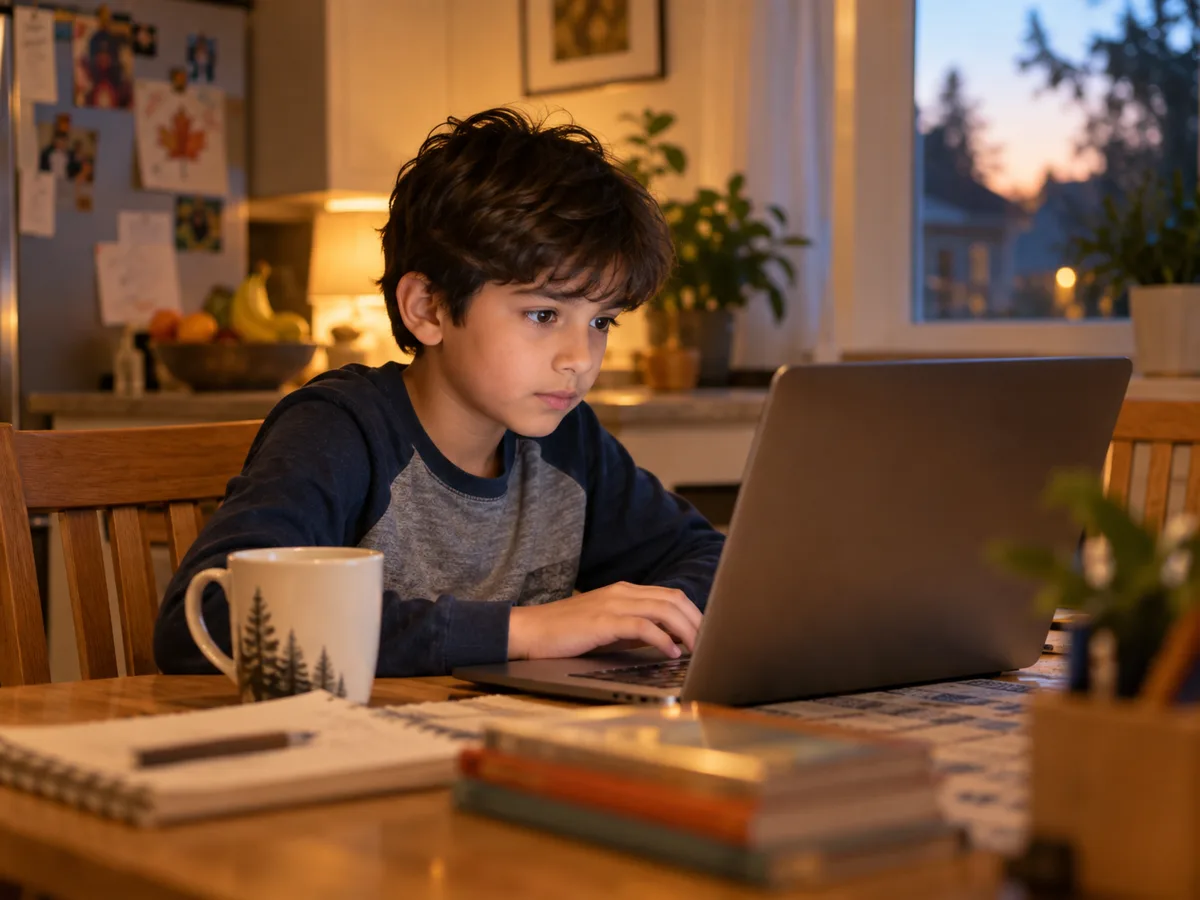 A child at a laptop at the kitchen table in warm evening light