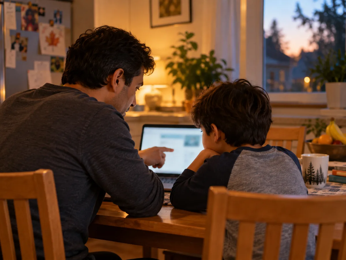 A parent and child looking at the report together